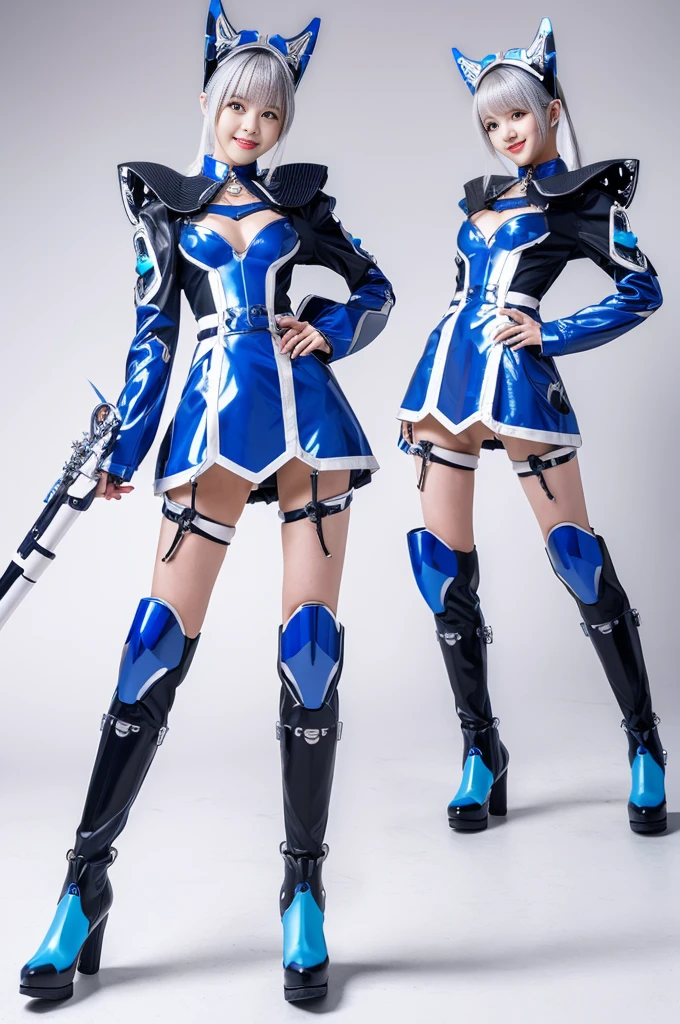 (Best Quality, High resolution, masutepiece:1.2), Ultra-detailed, Realistic:1.37, (Perfect Anatomy),1 girl in, cowboy shot, Cute and beautiful 18 year old Japanese woman,(Transform into a Moe robot:1.1),Standing posture,eye glass,A smile,beautidful eyes,Beautiful skins, detailed facial features, intricate hair, (Futuristic sax blue and white cute robot costume and futuristic design boots details:1.1), Metal necklace,Futuristic hair ornament, attractive idol makeup,Silver-haired ponytail,Moe Pose,cyber lab