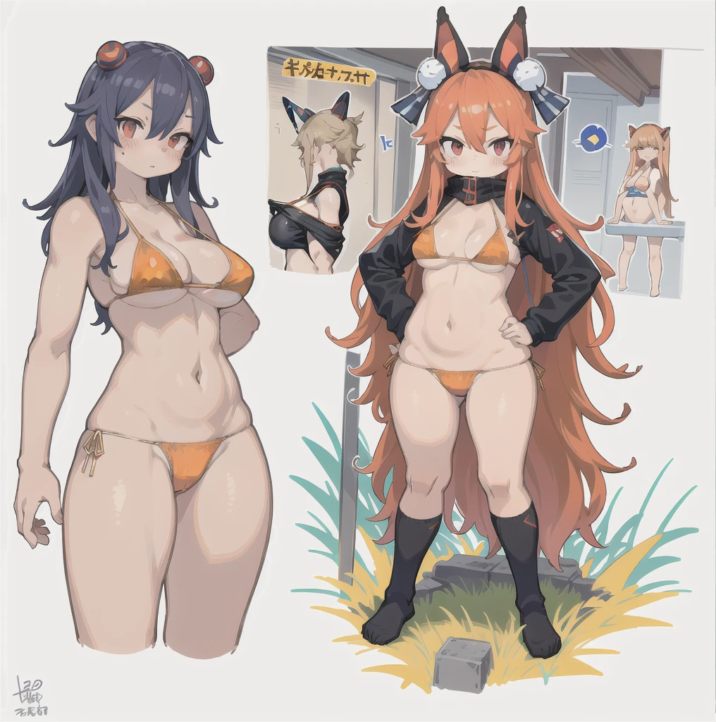 drawing of a woman in a bikini standing in a bathroom, bikini. background of hell. gore, hands behind her body pose!, asuka suit under clothes!, colored sketch anime manga panel, realistic bikini, pudica pose gesture, asuka as a surfer model, oppai proportions, outlined!!!, various pose, full body view, clean anime outlines