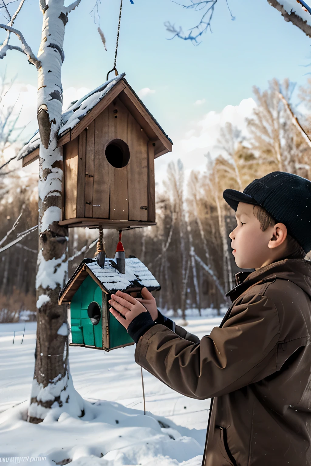 two -year-boys Slavic appearance hang a birdhouse on a birch tree in early spring