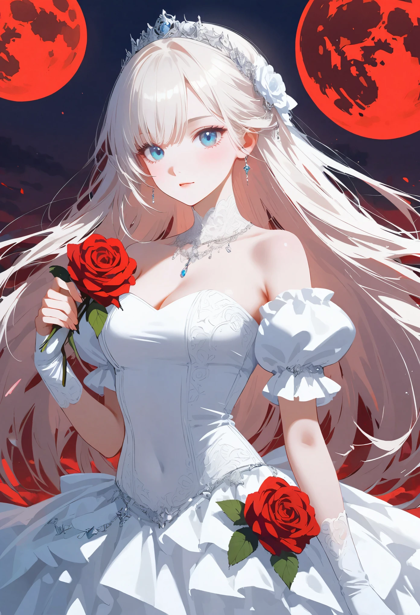 pure white hair，long hair，girl，sky blue eyes，（blood red moon：10），wearing white clothes，Wedding dress，bride，There are thorns on clothes，（Wearing red roses：5），（holding knife in hand:5），Front view