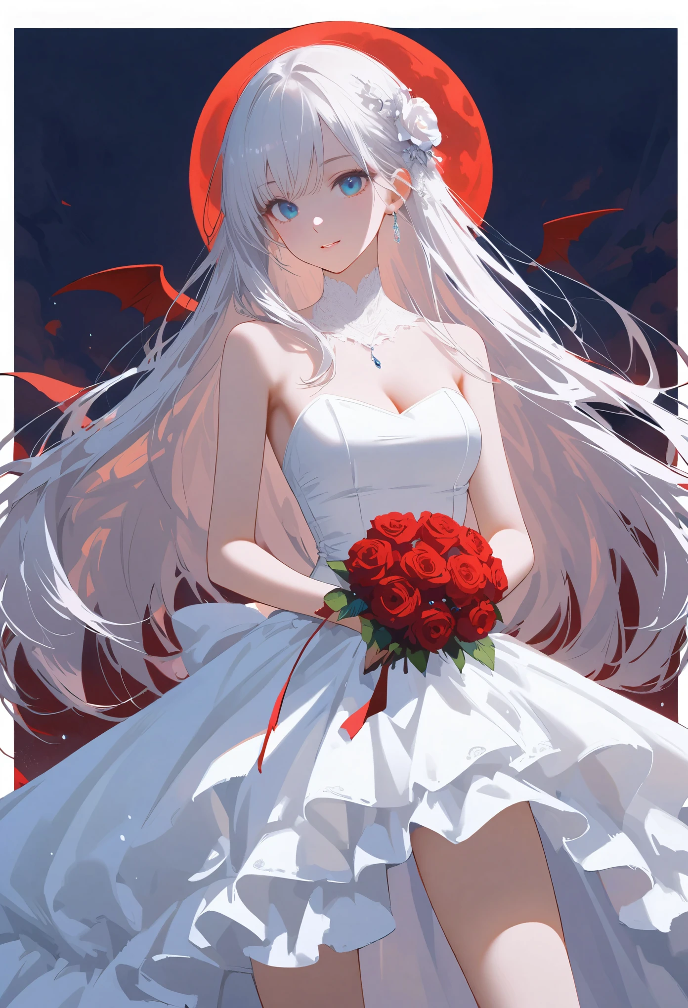 pure white hair，long hair，girl，sky blue eyes，（blood red moon：10），wearing white clothes，Wedding dress，bride，There are thorns on clothes，（Wearing red roses：5），（holding knife in hand:5），Front view