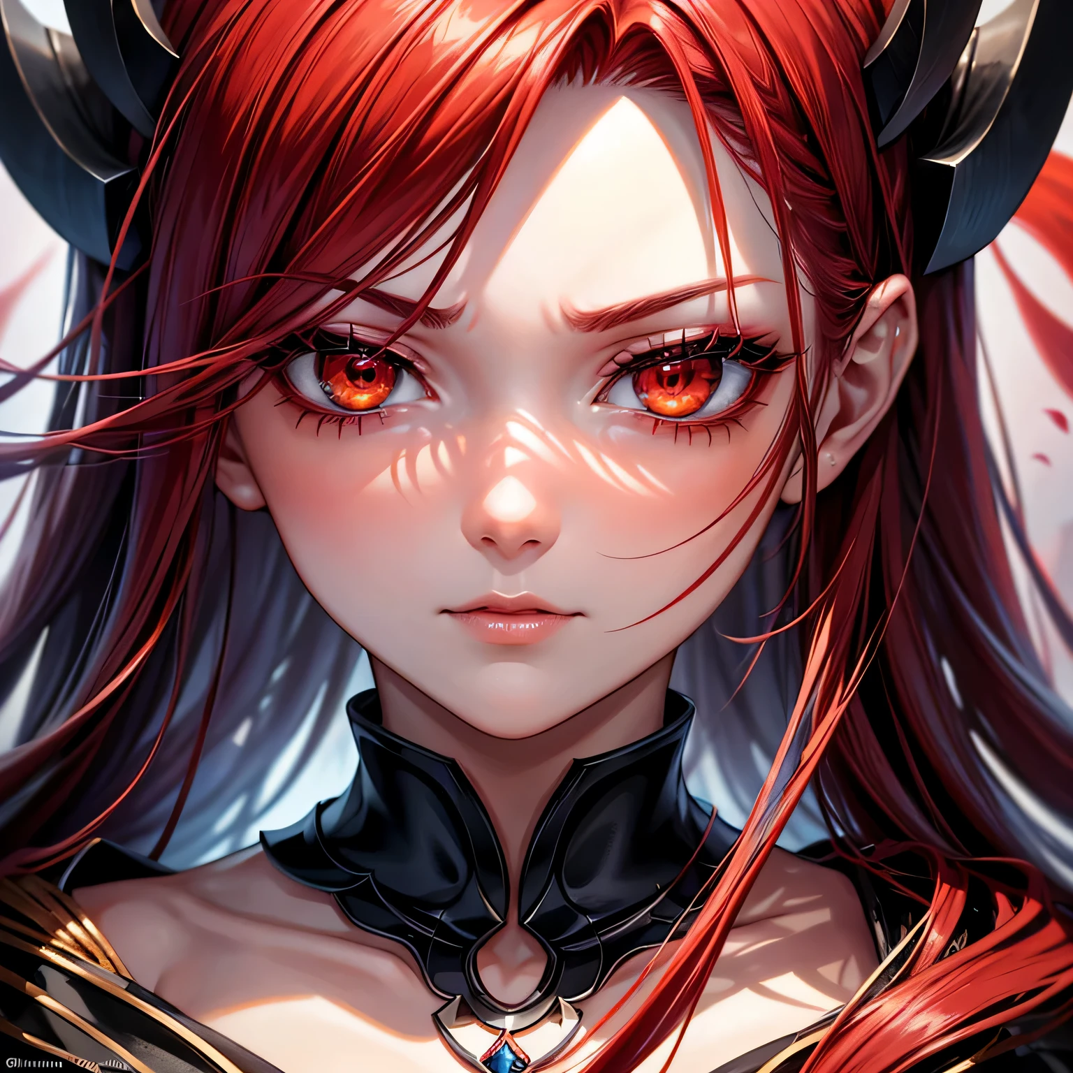 Close up, dark, mysterios, - Woman with fiery red hair cascading around her face
- Intense, crimson eyes staring directly at the viewer
- Delicate features highlighted by the red hues
- Expression conveying a mixture of allure and danger
- Close-up shot emphasizing the intensity of her gaze and the vibrant red tones
- Background darkened to accentuate the contrast and focus on her features, anime, manga, just face