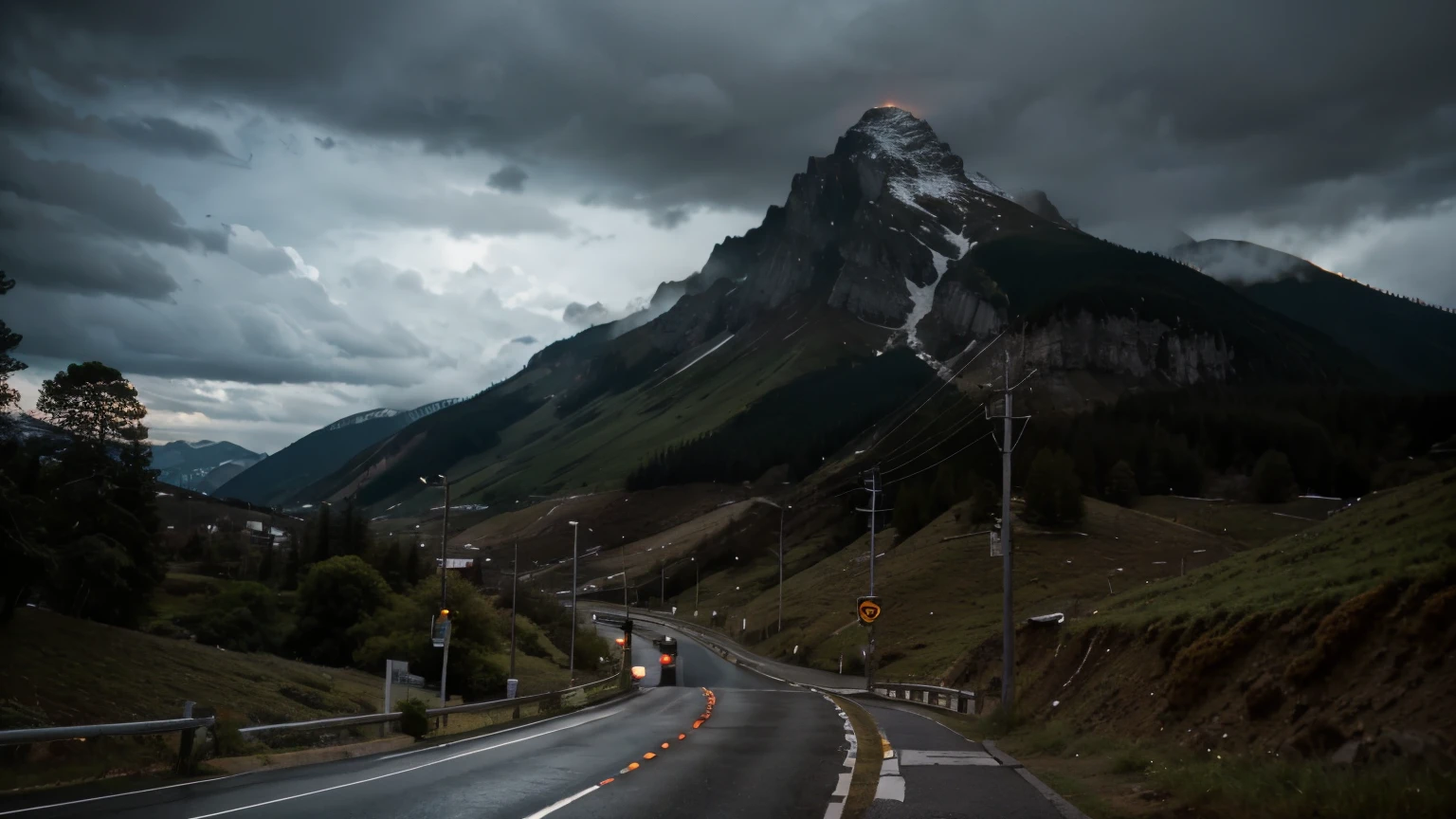 Cinematic ultra quality rainy mountain hill side road