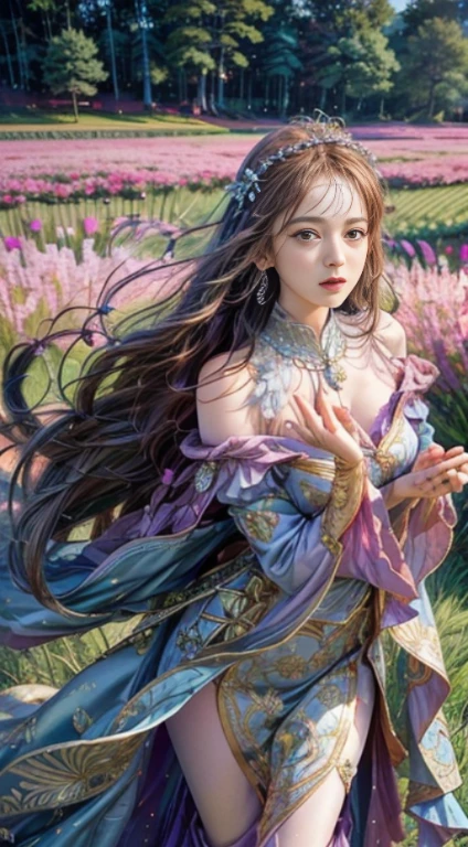 (highest quality,4k,8K,High resolution,masterpiece:1.2),Super detailed,(now,realisticに,realistic:1.37),girl in a luxurious blue dress,eyes were shining with joy, her lips were slightly curved,show a gentle smile. The sun casts a warm golden light on her face, Complements her beauty even more. Flower colors are bright pink and purple、Rich in gentle pastel colors。, Create harmonious and visually pleasing works. soft and diffused lighting, Creates a fantastical and magical atmosphere. girl standing in the middle of the field, Please raise your arms a little, Enjoy the beauty of nature. A carefully balanced formula, girl'Off-center position, Create a sense of movement and vitality. The details of the flowers are very carefully drawn......, Carefully expressing each petal and leaf.. girl'The skirt wraps her elegantly, Adds elegance and femininity to the scene. all inclusive, Works that evoke joyful feelings, enshrine, and appreciation for the beauty of nature.........