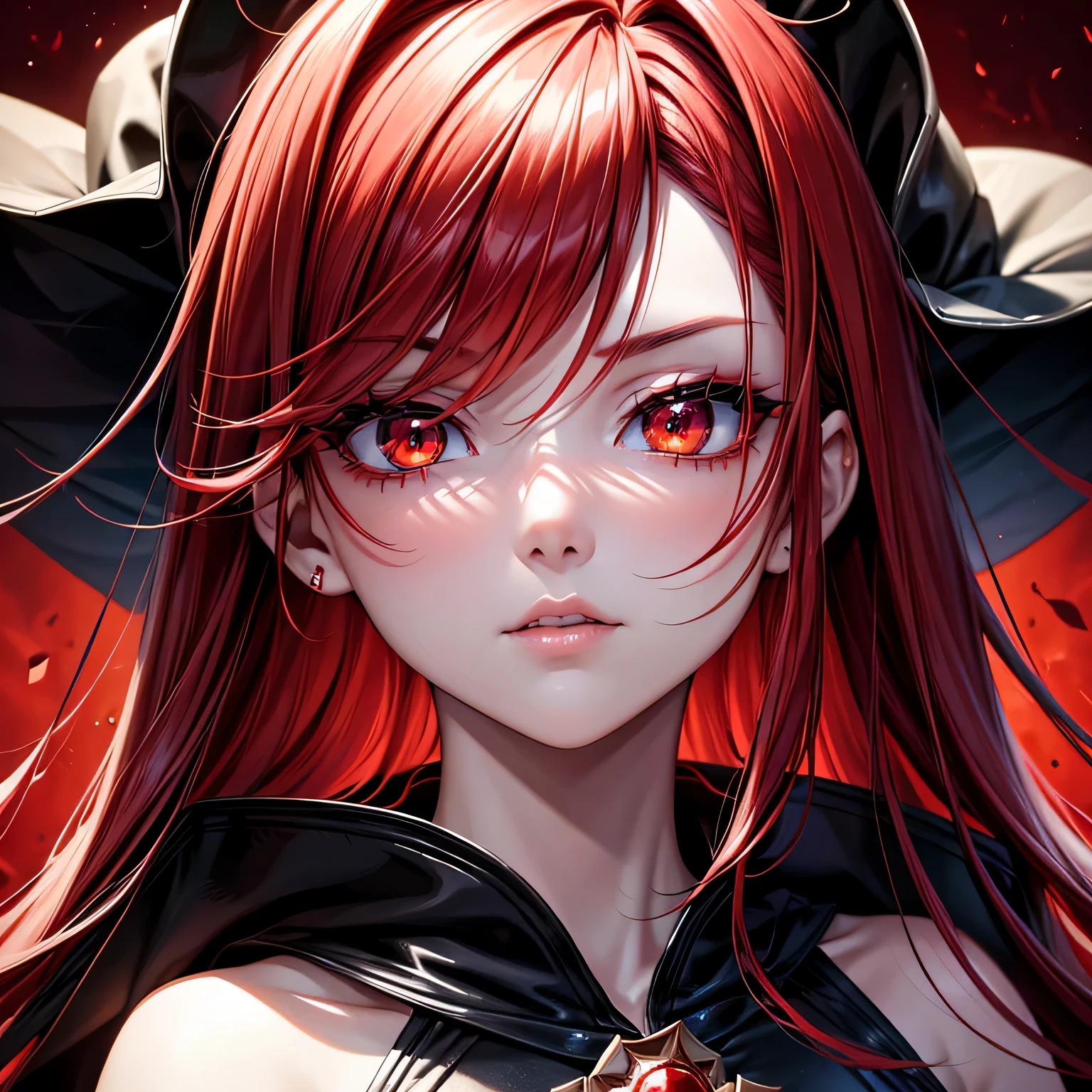 44 years old、beautiful girl、night、Apparition、tooth、Angry face、Red Hair、Big slanted eyes、Big Mouth、Dark Background、Close-up of face