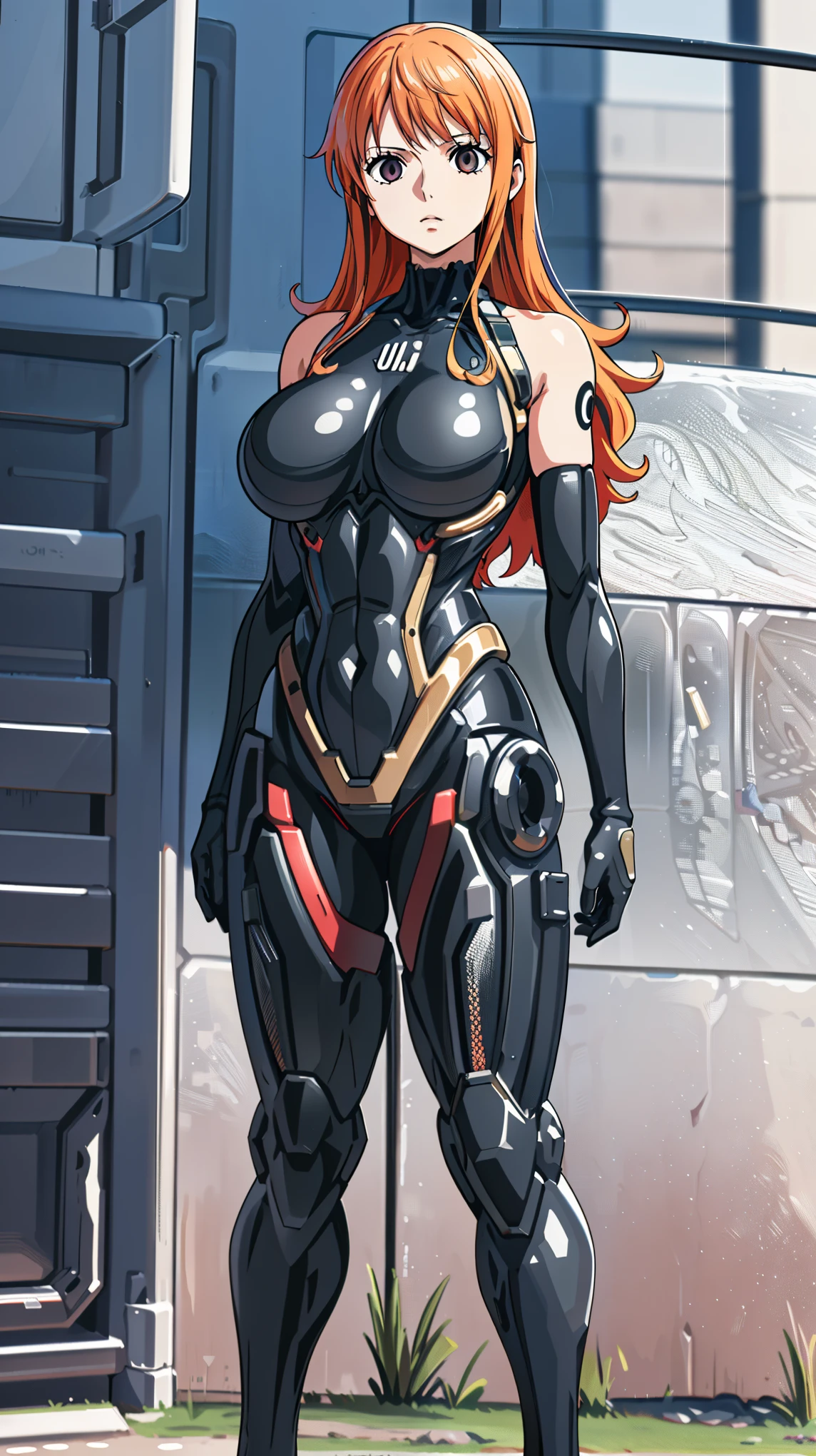 1 girl, Nami, (ONEPIECE),((huge breasts 1.5)), Shining crimson eyes,absurd, brainwashing,empty eyes, mind control device,((No expression,erasure of emotions)), (black nano suit) , full body figure,(standing in メカnical box:1.5),  (highest quality、4k、8K、High resolution、must have:1.2)、Super detailed、(reality、realisticです、realistic:1.37)、ticker、hyper hd、studio lighting、ultra definition paint、sharp focus、Physically based rendering、extreme details、Professional specifications、vibrancy and color、blurry、sports portrait、landscape、horror style、anime big breasts、SF、photograph、concept artist、five fingers, perfect body,  {{{masterpiece}}}, {{{highest quality}}}, {{Super detailed}}, {shape}, {{very delicate and beautiful}},Improved cost performance、all roles、Canon 5D MK4でphotograph、photograph, 