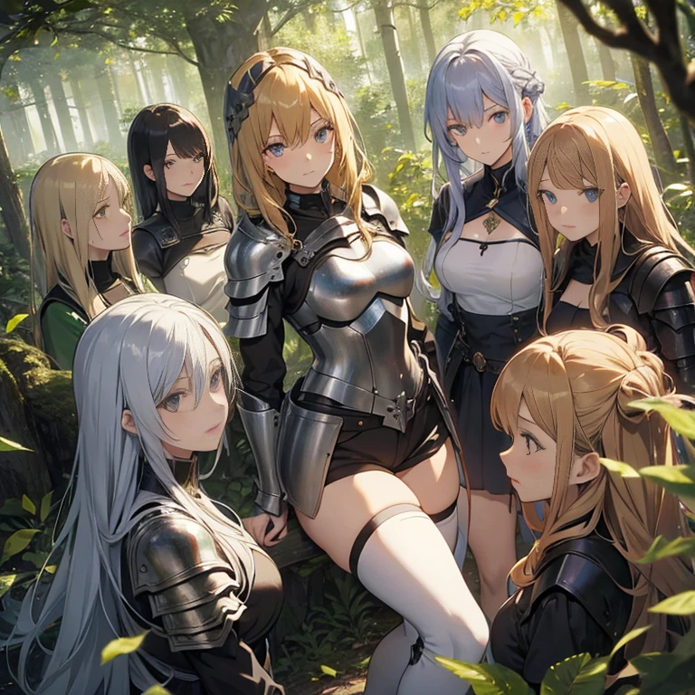A group of female knights, (in forest), various hair styles, metal armor, harem, shorts, seducing, beautiful face, detailed face