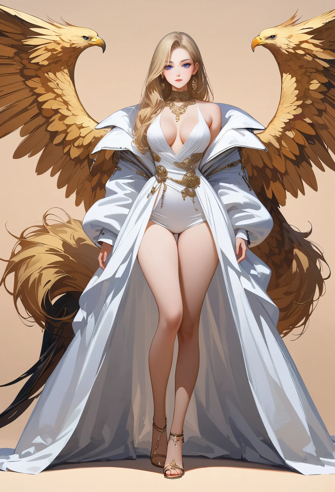 ((masterpiece,best quality,8K,High resolution)),((character concept art)), 1 female, noble, Old money atmosphere, supermodel, fashion model, 35 years old, (long blonde hair), blonde hair, (fair complexion), Super fine eyes (blue eye color), extraordinary gorgeous, grace, charming, clever, calm, Perfect body ((slim and curvaceous)), ((intricate details)), Ultra-delicate hand details, super thin fingers(((Ten fingers))), Wearing a white blazer、White shirt and white pants (stand still), (full body display), ((show the whole body)), (No logos on background), (No logo), ((solid color background)), ((solid color background)), (((empty background)))