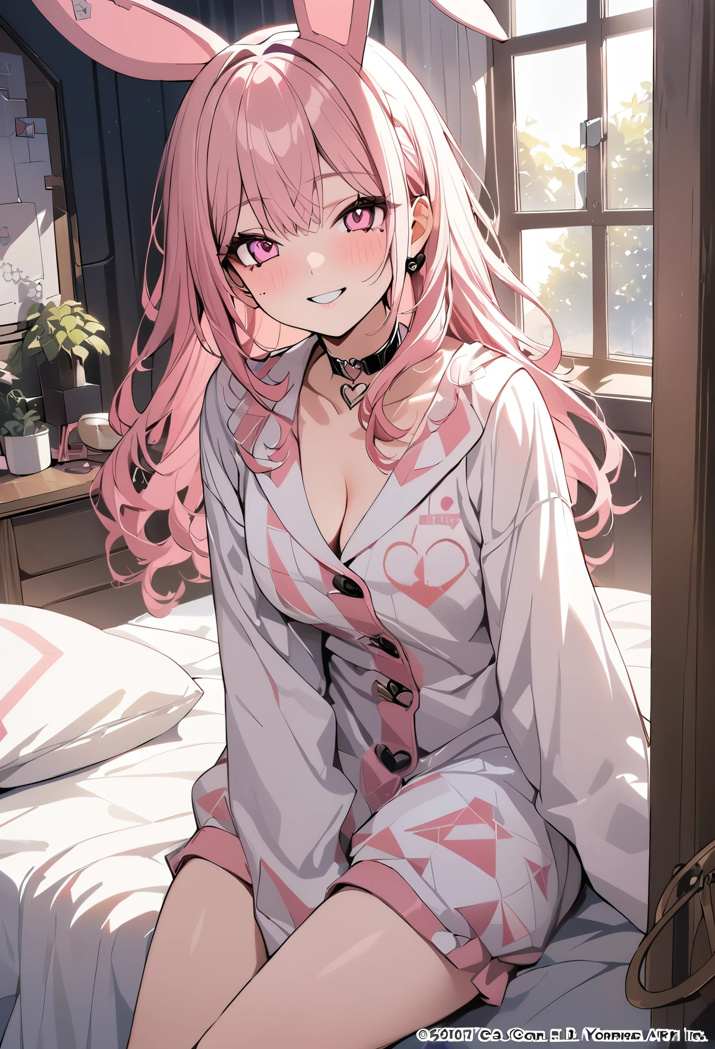 (best quality,ultra-detailed),cute anime girl, in bed, crying, pink fluffy coat, sailor suit, shirt dkirt, pink hair, round glasses, exposed body,cat ears,missionary POV, bondage, ropes,