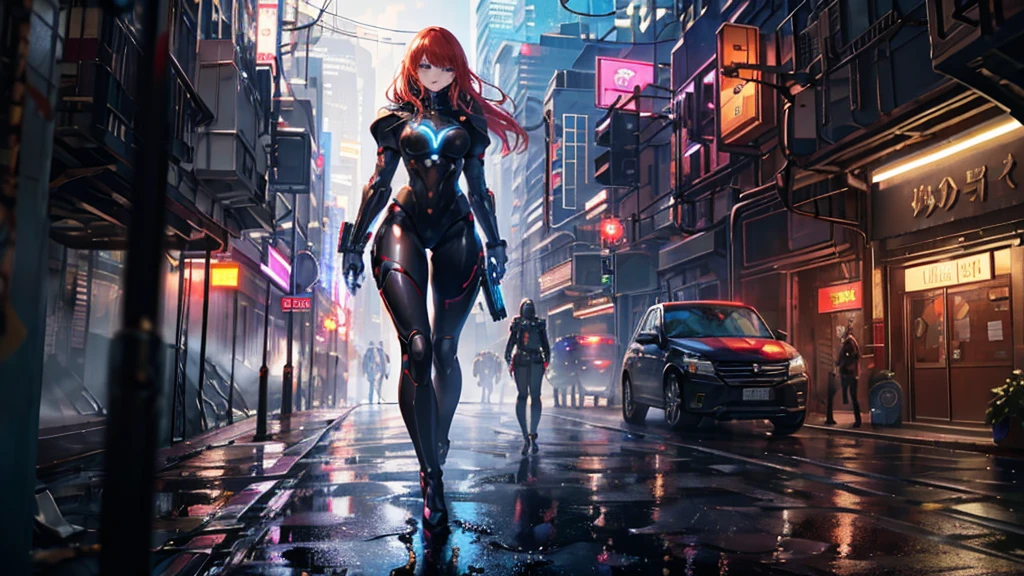 Create an image of a big-thighed woman, boldly standing in the heart of a cyber city with a gripped gun in her hand. The mechanical robustness of a metallic robotics suit wraps around her body, integrating perfectly with her strong figure. The suit's intricate details gleam under the neon-lit cityscape, casting long reflections upon the wet pavement. The woman's determined expression, piercing blue eyes, and fiery red hair add an undeniable allure to this mesmerizing, high-definition, 4K masterpiece. The depth of field emphasizes the woman and her surroundings, while the diffused light adds an electrifying aura to her