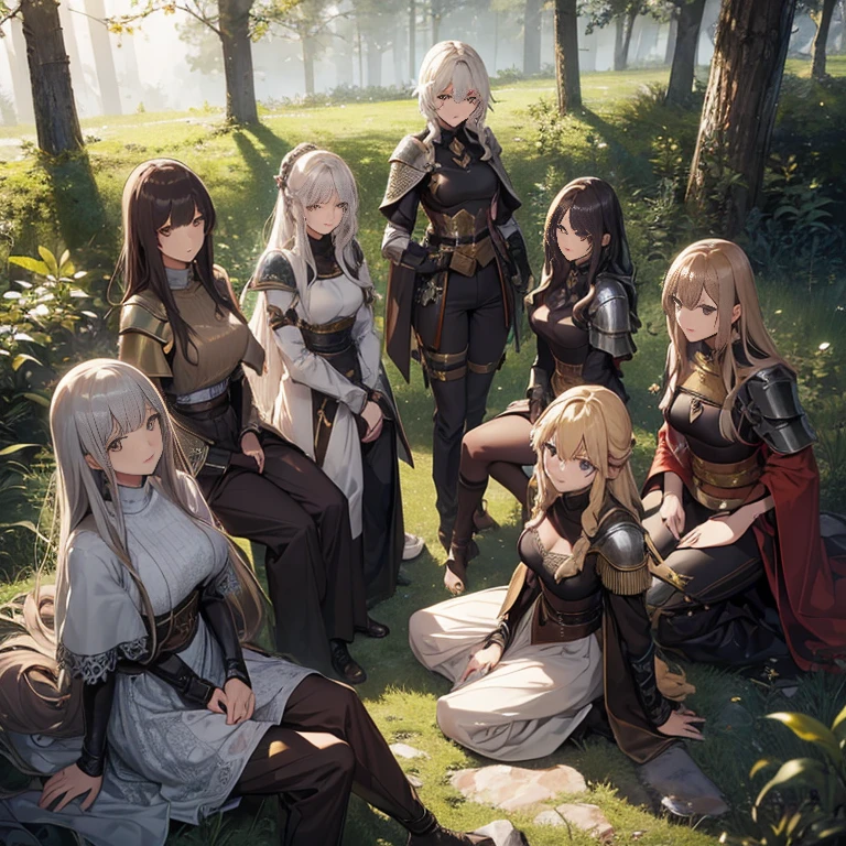 A group of female knights, (in forest), various hair styles, metal armor, harem, trousers, seducing, beautiful face, close, detailed face