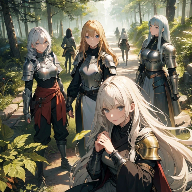 A group of  female knights, (in forest), various hair styles, metal armor, harem, trousers, seducing, beautiful face, close, detailed face 