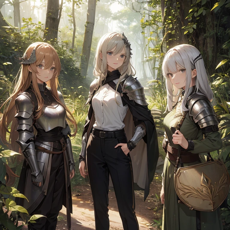 A group of female knights, (in forest), various hair styles, metal armor, harem, trousers, seducing, beautiful face, close, detailed face