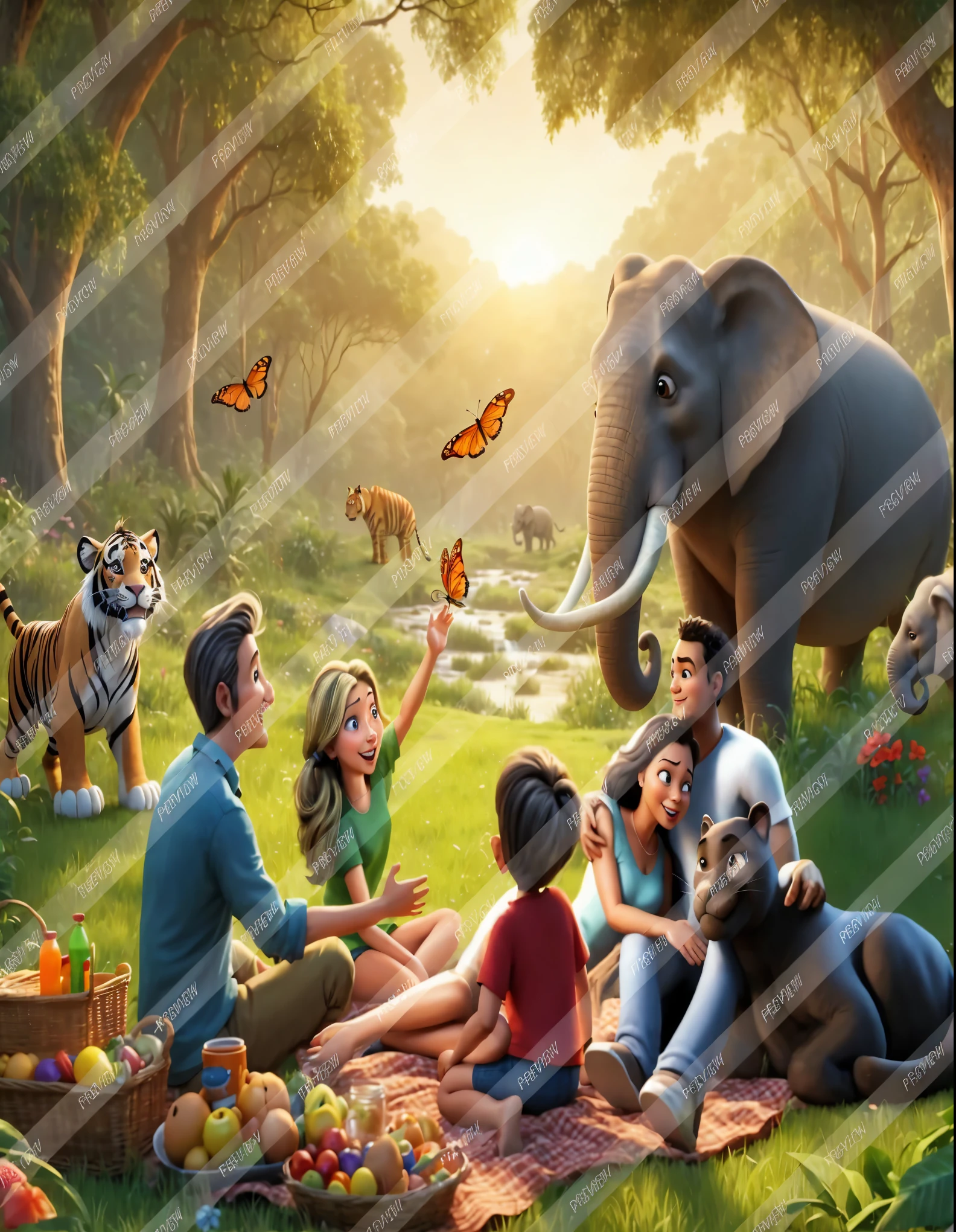 cartoon family having a picnic in the jungle with an elephant, forest picnic,  in jungles, digital cartoon painting art, afternoon hangout, animated movie scene, realistic scene, filled with fauna, highly detailed scene, realistic nature, photorealistic disney, realistic cartoon, realistic background, cartoon digital painting, warm beautiful scene, realistic fantasy illustration, wildlife illustration, family dinner