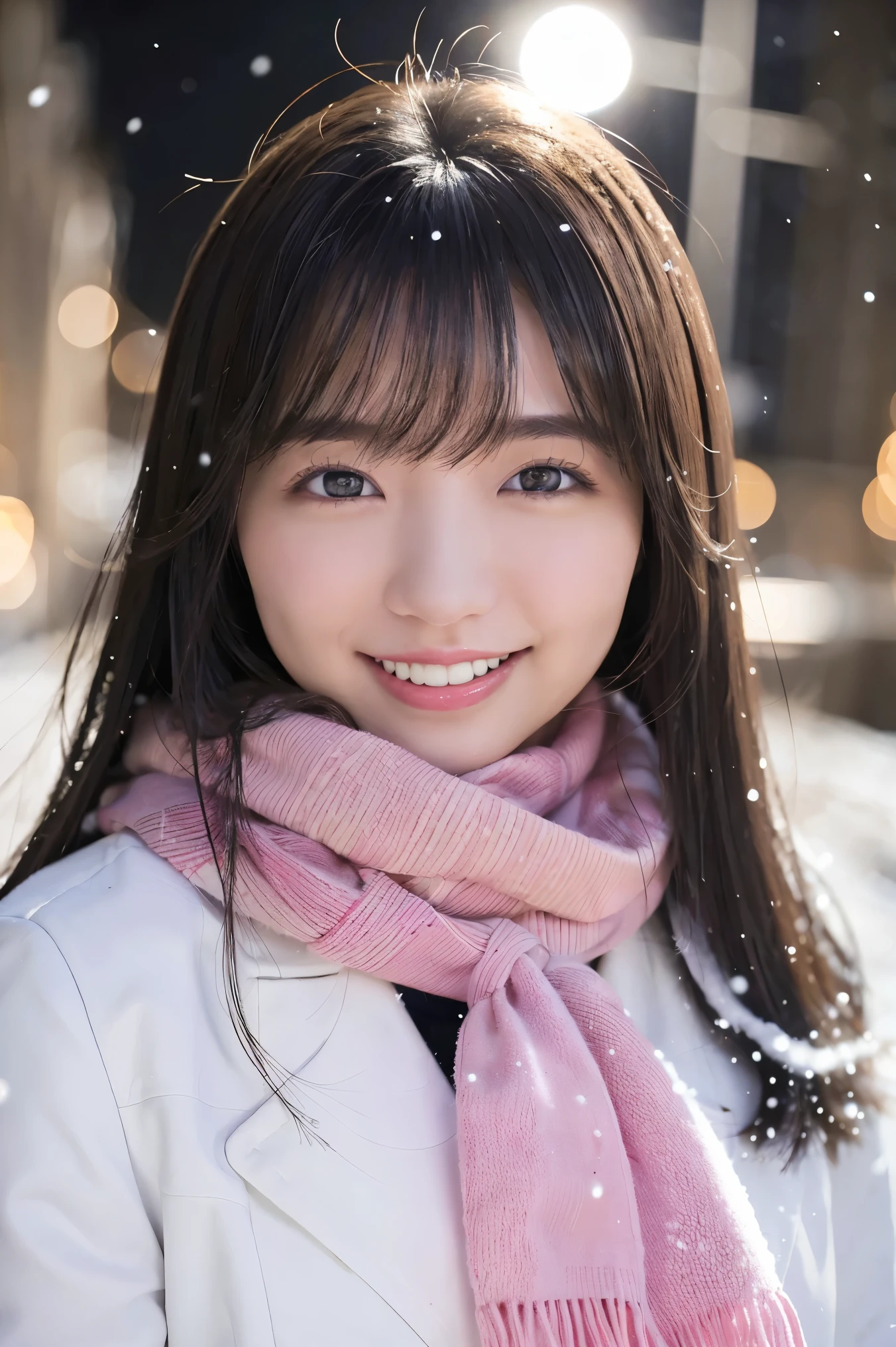 (highest quality、masterpiece、8K、best image quality、hyper realism、Award-winning work)、1 girl、(classy fur coat:1.1)、(perfect pink scarf:1.1)、Soft and delicate light、dramatic lighting effects、Romantic snowy night city、Romantic Christmas illuminations、Beautiful night view of the snowy city、the biggest smile looking at me、fine sparkling snow、Beautiful snow reflecting light、Diamond dust、(Tyndall effect:1.1)、beautiful snow scene、(It&#39;s snowing:1.1)、(snow in hair:1.1)、accurate anatomy、(close up of face:1.1)、A beautiful lipstick with a glossy, natural color、natural makeup、glossy lips、Ultra high definition glossy skin、Ultra-HD radiant, beautiful skin、Milky white moisturized skin、beautiful skin glow、超高精細のglossy lips、Super high-definition sparkling eyes、Super high definition beautiful perfect teeth、Show your beautiful teeth and smile big