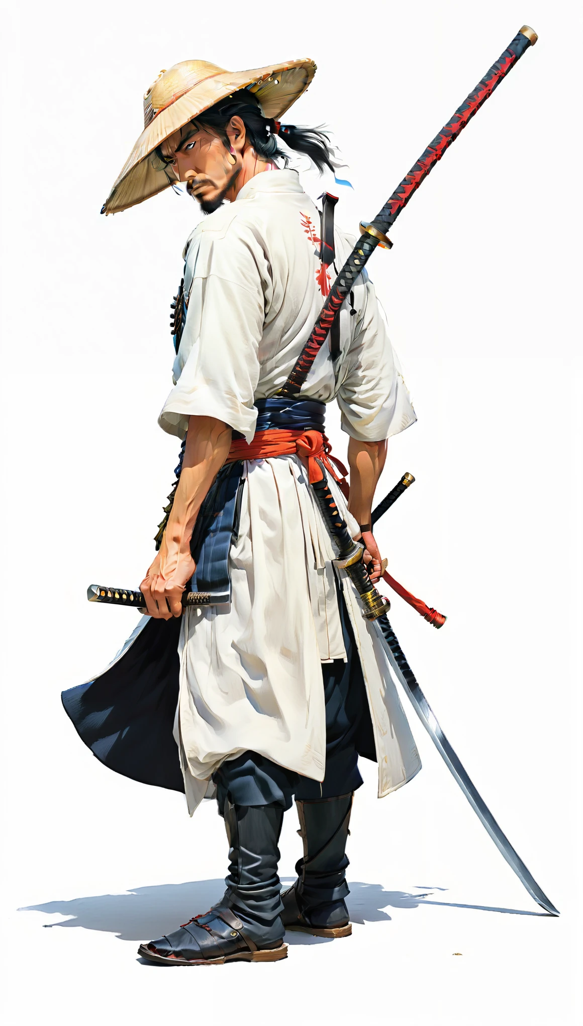 Use the style of manga and imagine a samurai, in profile, standing on his feet, facing left, head lowered to the ground, with a katana and a cónica hat, all white background