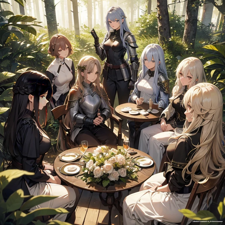 A group of  female knights, (in forest), various hair styles, metal armor, harem, trousers, seducing, beautiful face, close, detailed face 