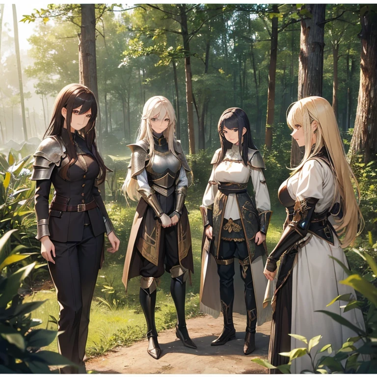 A group of female knights, (in forest), various hair styles, metal armor, harem, trousers, seducing, beautiful face, close, detailed face