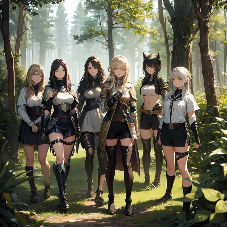 A group of  female knights, (in forest), various hair styles, metal armor, harem, shorts, seducing, beautiful face, detailed face