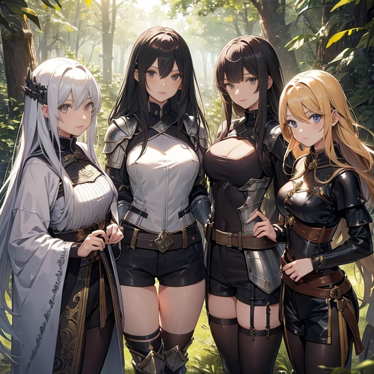 A group of female knights, (in forest), various hair styles, metal armor, harem, shorts, seducing, beautiful face, detailed face