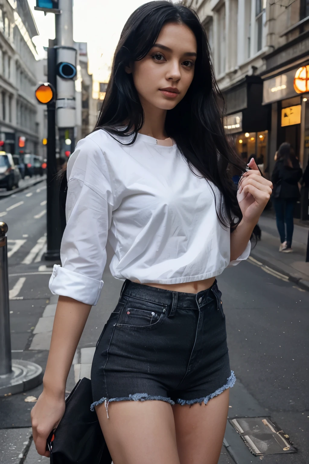 Black Eyes, 1 woman, (female)), solo, real, top quality, photorealistic, masterpiece, 8K, HDTV, solo, hdtv face, soft lighting, terrace of villa, ((evening)), outdoor, blue hour sky, (chin up and closed eye), (portrait: 0.6), full-body, (medium hair), ponytail, black hair, floating hair, using headphone, lips, lipstick, seductive smile, Floating hair, smile, dimple, eyelashes, idol, beautiful girl, ((mini pants)), leaning on the fence, enjoying the music