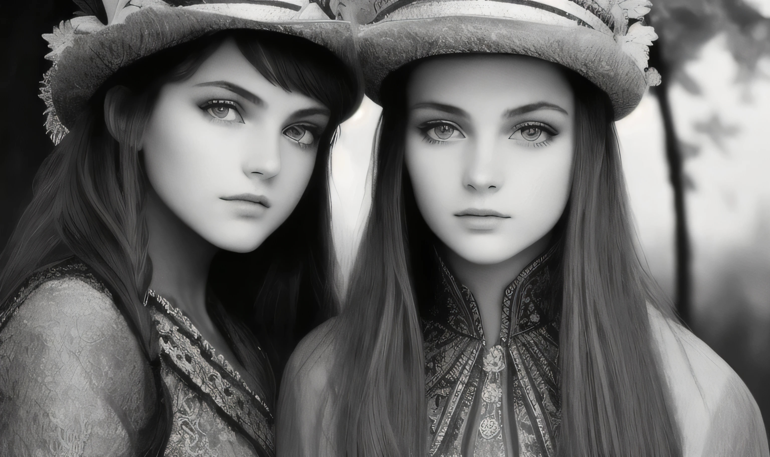 ((Masterpiece, Superb, Super Detailed, High Resolution)), 2 beautiful girls RUSSIAN IN BRAIDS, bright eyes, perfect eyes, 10 years, black and white gold theme, OF HAT.