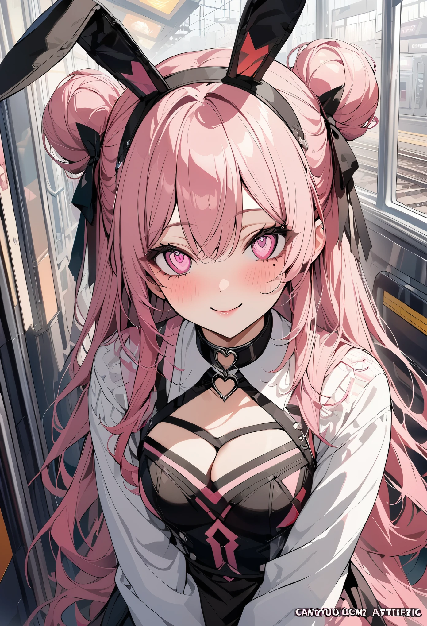 1 girl, pink long hair, heart shaped eyes,Bunny ears, {Pink semi-long hairの女の子、 The name Nami}, (Pink eye color), {After work、train}, (smile), station、train , mole under eye, heart shaped choker, (masterpiece, highest quality), very detailed, highest quality, official art, beautiful and aesthetic: 1.2), (1 girl), very detailed, (geometry art: 1.3), colorful, most detailed ?d1 girl, Pink semi-long hair, Eye of the symbol, +__+, gothic costume, {A girl with long pink bun hair The name Nami}, (Pink eye color), mole under eye, heart shaped choker, (masterpiece, highest quality), official art, beautiful and aesthetic: 1.2), (1 girl), very detailed, (geometry art: 1.3), colorful