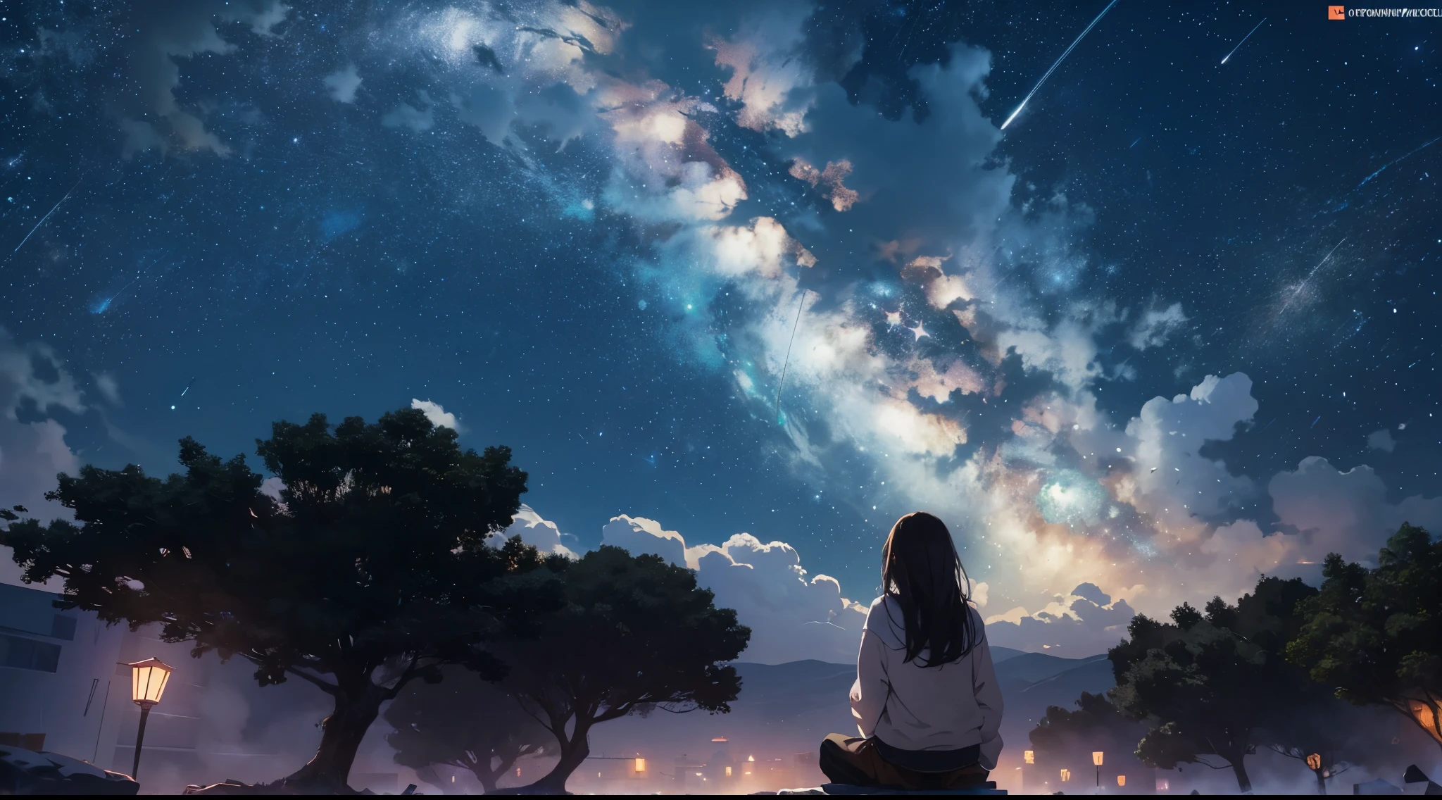 octans, sky, star (sky), scenery, starry sky, night, 1girl, night sky, solo, outdoors, building, cloud, milky way, sitting, tree, long hair, city, silhouette, cityscape