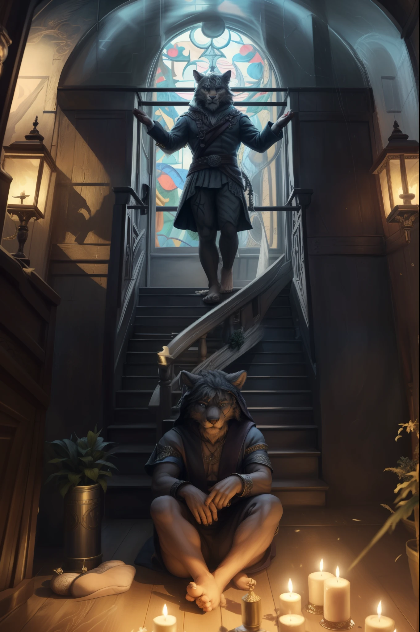 (((Barefoot furry character, full body, cinematic setting, male)))
Masquerading as a man with a reason.
My charade is the event of the season
and if I claim to be a wise man, well
it surely means that I don't know.
On a stormy sea of moving emotion
tossed about I'm like a ship on the ocean.
I set a course for winds of fortune,
but I hear the voices say:
(Carry on my wayward son.)
(There'll be peace when you are done.)
(Lay your weary head to rest.)
(Don't you cry no more.)
BREAK, detailed background, 8K, (masterpiece:1.5), intricate details, highly detailed, extreme detail, octane render, fine art, best quality, highres, (detailed face:1.5), ((full_body)), UHD, (((perfect hands)))
