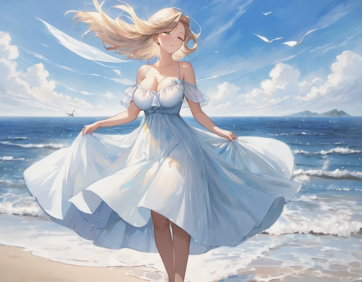 The paintings show an attractive woman with a large bust, standing on the beach. She is wearing a light dress, hair fluttering in the wind. The background is the sea with a clear sky. The image of a woman expresses grace, sexuality and confidence. The painting invites the viewer into the world of beauty and harmony of nature.