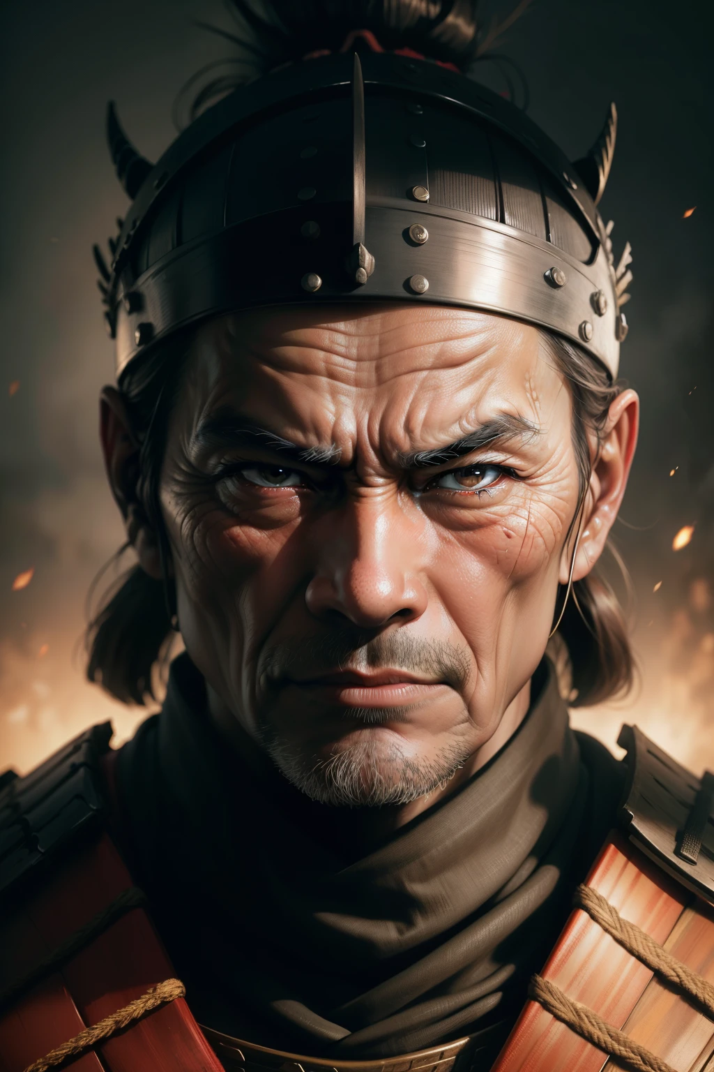 Realistic ultra HD close-up portrait,A samurai wearing a war mask, Wrinkles ,Facial expressions show strong emotions