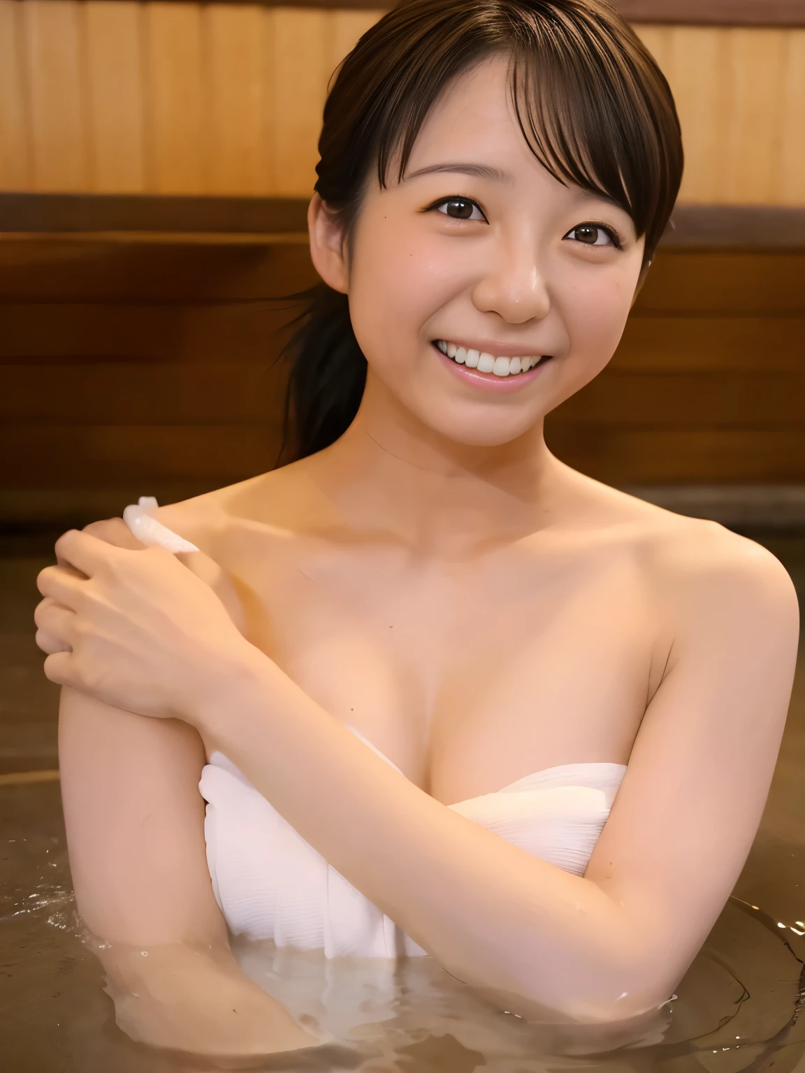 (1girl), After finishing work at the hospital, Relieve fatigue in a hot spring, smile, naked towel, (((closer 「mone kamishiraishi」LoRA's face:1.1)))