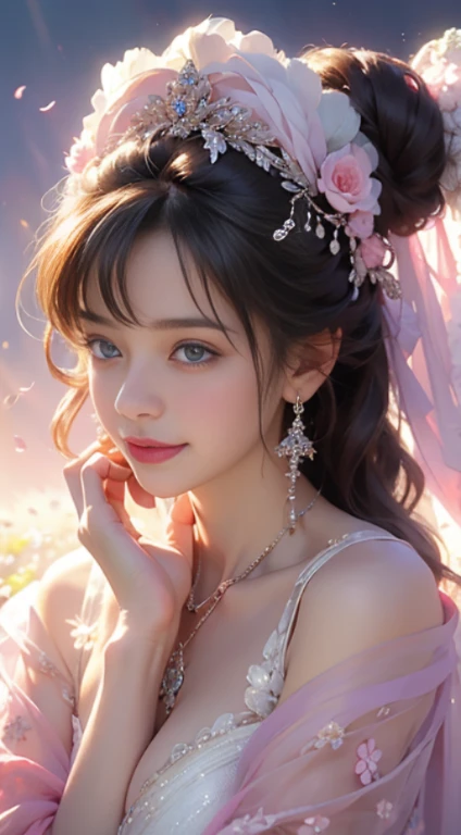 (highest quality,4k,8K,High resolution,masterpiece:1.2),Super detailed,(now,realisticに,realistic:1.37),girl in a luxurious blue dress,eyes were shining with joy, her lips were slightly curved,優しいsmileを見せる. The sun casts a warm golden light on her face, Complements her beauty even more. Flower colors are bright pink and purple、Rich in gentle pastel colors。, Create harmonious and visually pleasing works. soft and diffused lighting, Creates a fantastical and magical atmosphere. girl standing in the middle of the field, Please raise your arms a little, Enjoy the beauty of nature. Carefully Balanced Formula, girl'Off-center position, Create a sense of movement and vitality. The details of the flowers are very carefully drawn......, Carefully expressing each petal and leaf.. girl'The skirt wraps her elegantly, Adds elegance and femininity to the scene. all inclusive, Works that evoke joyful feelings, enshrine, and appreciation for the beauty of nature.smile
