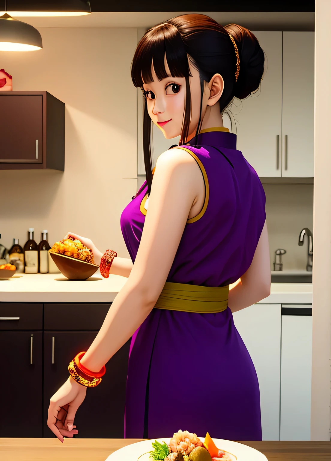 (masterpiece, best quality:1.2), 1girl, solo, professional lightings, cinematic lightings, 8k wallpaper, ultra realistic portrait of chichi, dragonball, chichi_dbz, older ChiChi, mature, Milf, (Purple Chinese short Dress:1.3, Orange Neckerchief, bangle, bracelet), boots, detailed face, detailed eyes, highres, detailed skin texture, ultra slim waist, perfect slim body style, black hair, (dango hair:1.15, parted 2 long bangs:1.15), big eyes, double eyelids, (((ultra huge breasts, ultra huge tits, ultra huge boob, ultra huge cleavages))), ((ultra realistic mature older face, ultra detailed mature older face, realistic wrinkles on face and eyes, detailed wrinkles on face and eyes)), (in living room, view palms tree via window:1.1, ocean and beach view via window:1.2, glass short table, wooden floor, house plants, small & narrow island), (((ultra realistic reverse cowgirl sex position, ultra detailed reverse cowgirl sex scene, insert huge penis into her vagina, penetrate huge cock into her pussy))), ultra realistic yawn and closed eyes face, (view her from directly back, directly behind angle),