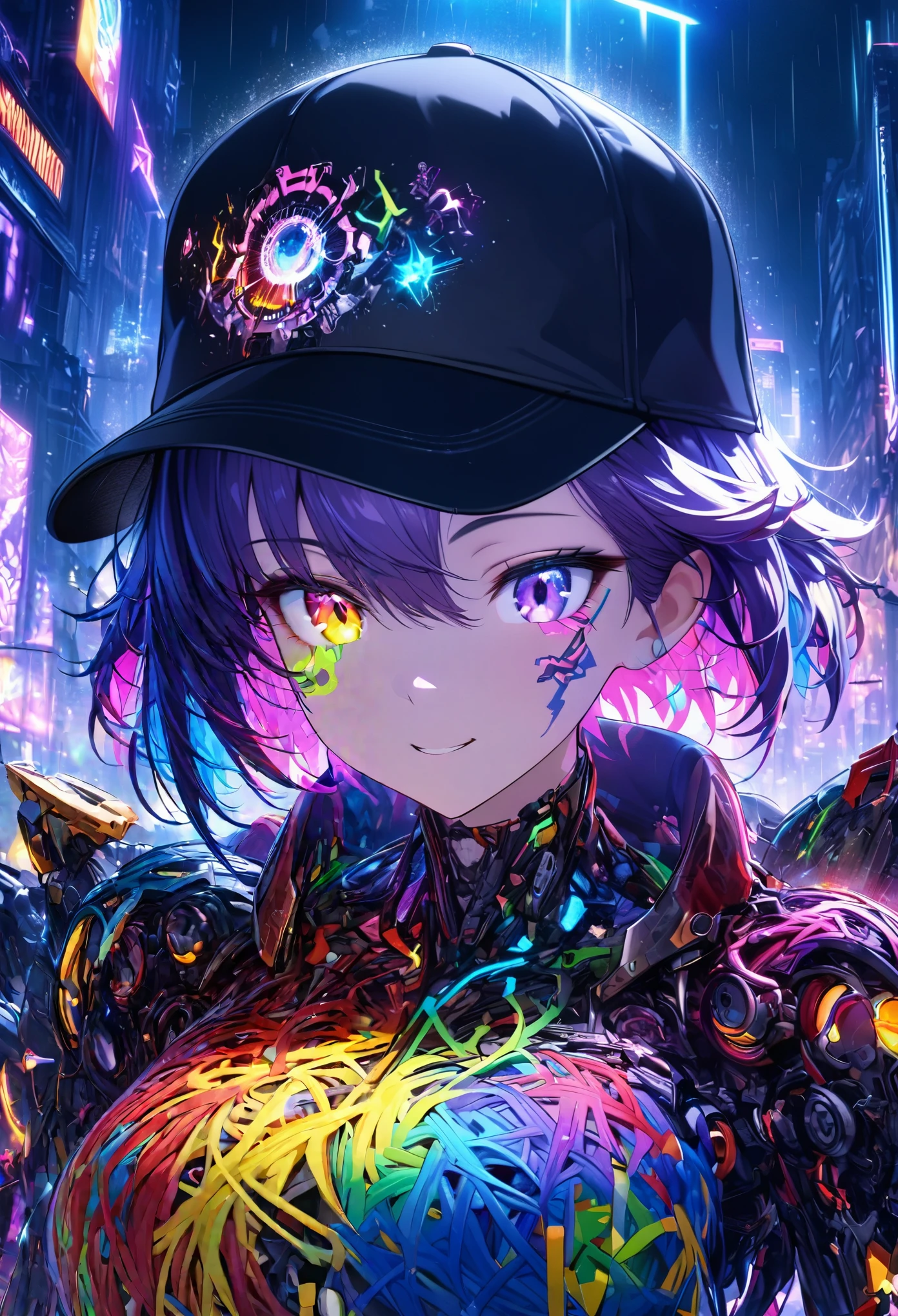 {{​Masterpiece,best work}}, top quality, Ultra-detailed CG Unity,8k wallpaper, lens flare, (Detailed beautiful eyes),particle,miss,Berry short hair,cool face,((Colorful mechanical wool)),rainbow eyes,heterochromia iridis,Big deal,黑紫色Body,Inorganic black headwear,(Perfect Body),cyberpunk,Inorganic decoration,Body,cable,low angle,Whole BodyEsbian,a sexy,high heels boots,night city,rain,Eyes looking down,perfect hands.