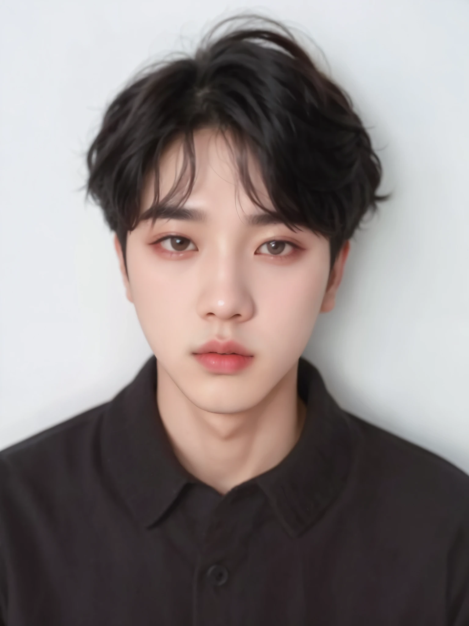 um close up de uma pessoa com uma camisa preta e uma parede branca, Yoongi de cabelo preto, taejune kim, Jimin\the right eyelid is swollen, Jimin, hyung tae, Kim Doyoung, profile picture with headshot, Yanjun Chengt, taken at the beginning of 2020, Jinyoung Shin, Jimin\the full lips, cai xukun