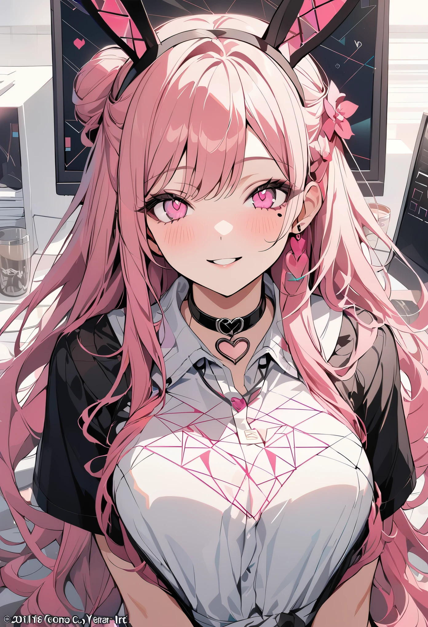 1 girl, pink long hair, heart shaped eyes,Bunny ears, {Pink semi-long hairの女の子、 The name Nami}, (Pink eye color), {office、Business service、disk、computer、coffee}, (smile), bright background , mole under eye, heart shaped choker, (masterpiece, highest quality), very detailed, highest quality, official art, beautiful and aesthetic: 1.2), (1 girl), very detailed, (geometry art: 1.3), colorful, most detailed ?d1 girl, Pink semi-long hair, Eye of the symbol, {A girl with long pink bun hair The name Nami}, (Pink eye color), mole under eye, heart shaped choker, (masterpiece, highest quality), official art, beautiful and aesthetic: 1.2), (1 girl), very detailed, (geometry art: 1.3), colorful