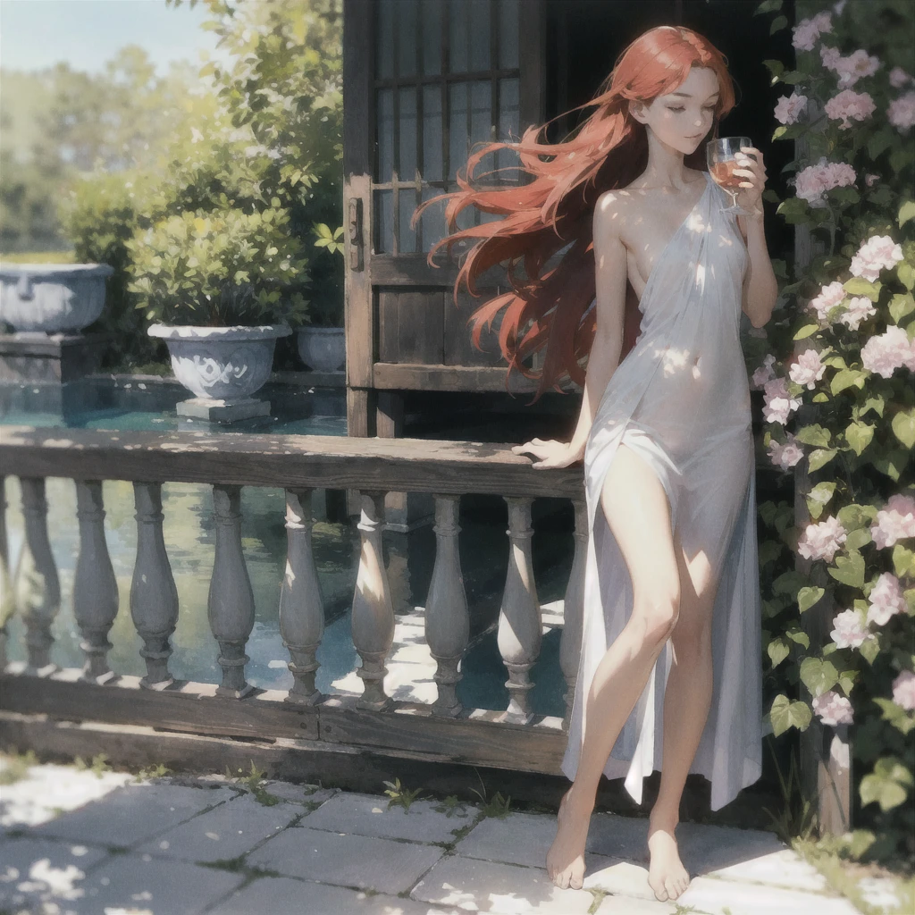 An exquisite slender girl of with a perfect face with red hair in the rays of the rising sun, naked with tender breasts with pink nipples, barefoot on the veranda in the garden, drinking wine and looking at flowers, in watercolor style, Discreet shades, Flares, imitation of film photography, against the sun, a lot of sun glare, light fills the frame