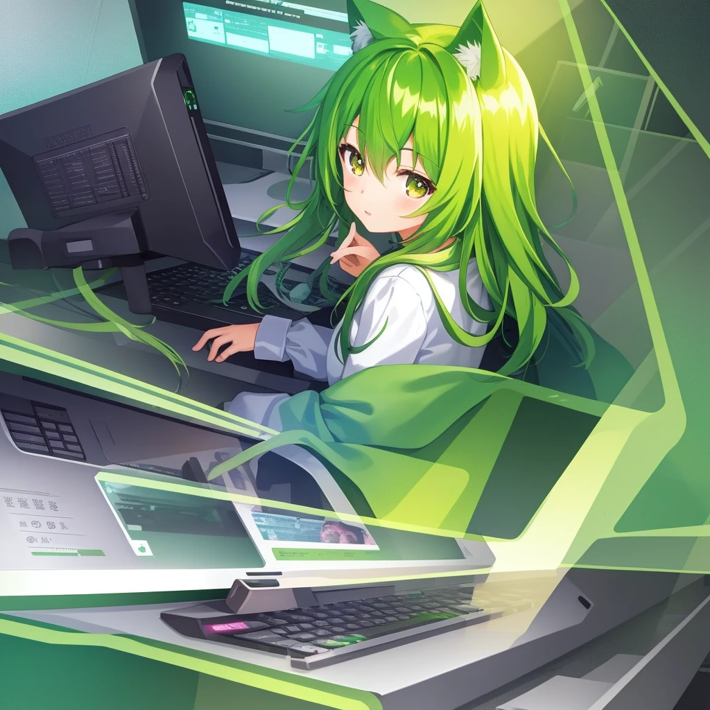 超A high resolution, nffsw, Best aesthetic, Best Quality, masutepiece, ik1、I am using a computer、1girl in、Jade-colored jacket、cartoon bone、Green Hair Anime Girl, anime moe art style, flat anime style, cute anime catgirl, Nekomimi, Anime girl with black cat ears, digital anime illustration, Digital Green Fox, Sitting in front of a computer, girl with cat ears, In front of a computer, Plain white background in anime style