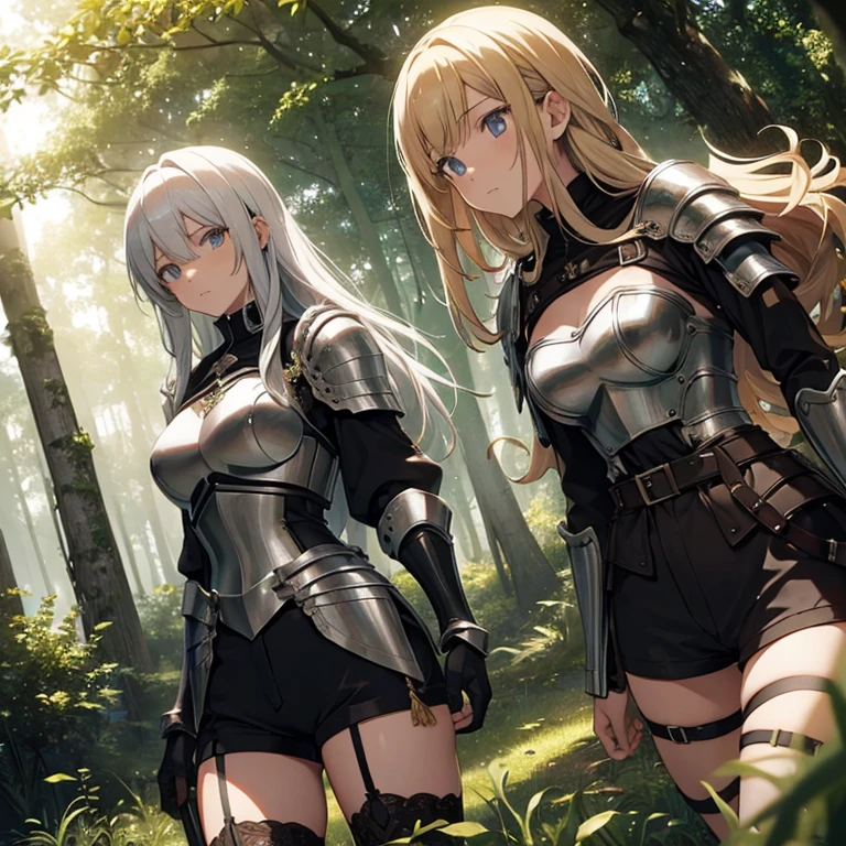 A group of female knights, (in forest), various hair styles, metal armor, harem, shorts, seducing, detailed face