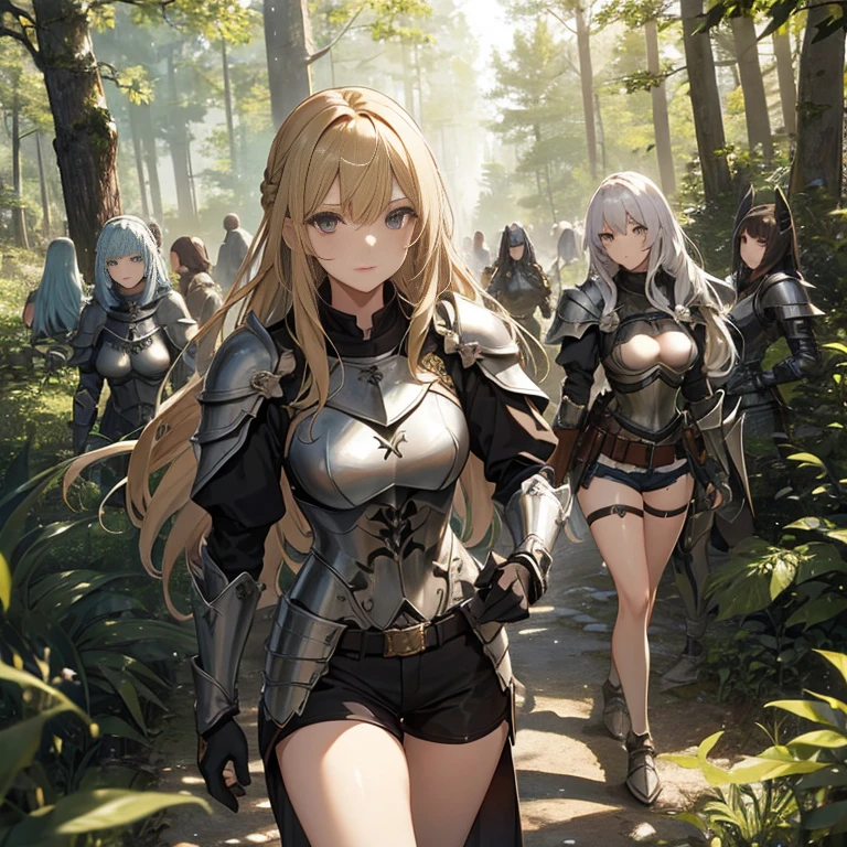 A group of  female knights, (in forest), various hair styles, metal armor, harem, shorts, seducing, detailed face