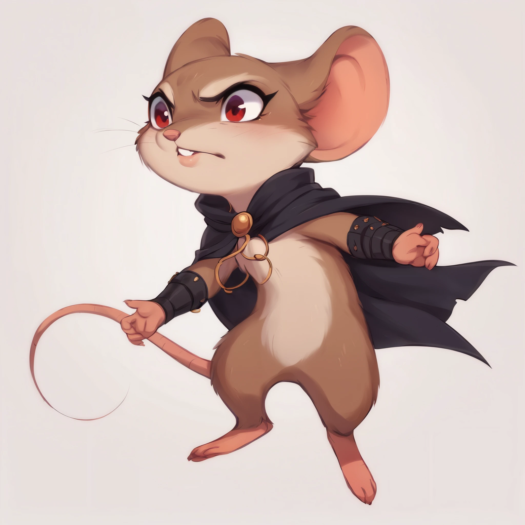 score_9, score_8_up, score_7_up, score_6_up, score_5_up, score_4_up, show accurate, full body, hungry body, simple background, (solo), (semi anthro), mouse, female mouse, fur body, ultra fine fur, standing, red eyes, (light brown dull fur), determined look, black color open cape, arm guard made leather, thief appearance,