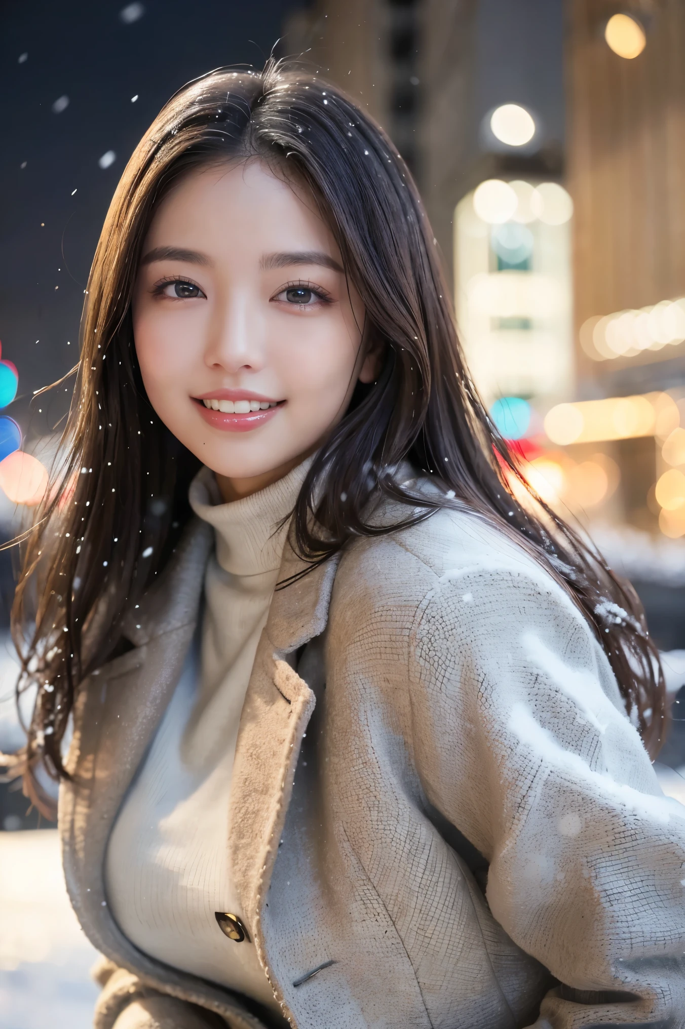 (highest quality、masterpiece、8K、best image quality、hyper realism、Award-winning work)、1 girl、(A perfect and elegant heavy brown coat:1.3)、perfect turtleneck knit sweater、(Wearing a knitted sweater under her coat:1.1)、Soft indirect lighting、Soft and delicate light、dramatic lighting effects、(huge breasts:1.3)、glamorous body、emphasize body line、Romantic snowy night city、Romantic Christmas illuminations、Beautiful night view of the snowy city、the biggest smile looking at me、fine sparkling snow、Beautiful snow reflecting light、Diamond dust、(Tyndall effect:1.1)、beautiful snow scene、(It&#39;s snowing:1.1)、(snow in hair:1.1)、accurate anatomy、(close up of face:1.1)、A beautiful lipstick with a glossy, natural color、natural makeup、glossy lips、Ultra high definition glossy skin、Ultra-HD radiant, beautiful skin、Moist and beautiful skin、beautiful skin glow、超高精細のglossy lips、Super high-definition sparkling eyes、(Super high definition beautiful perfect teeth:1.1)、Show your beautiful teeth and smile big、(Perfect beautiful teeth:1.1)