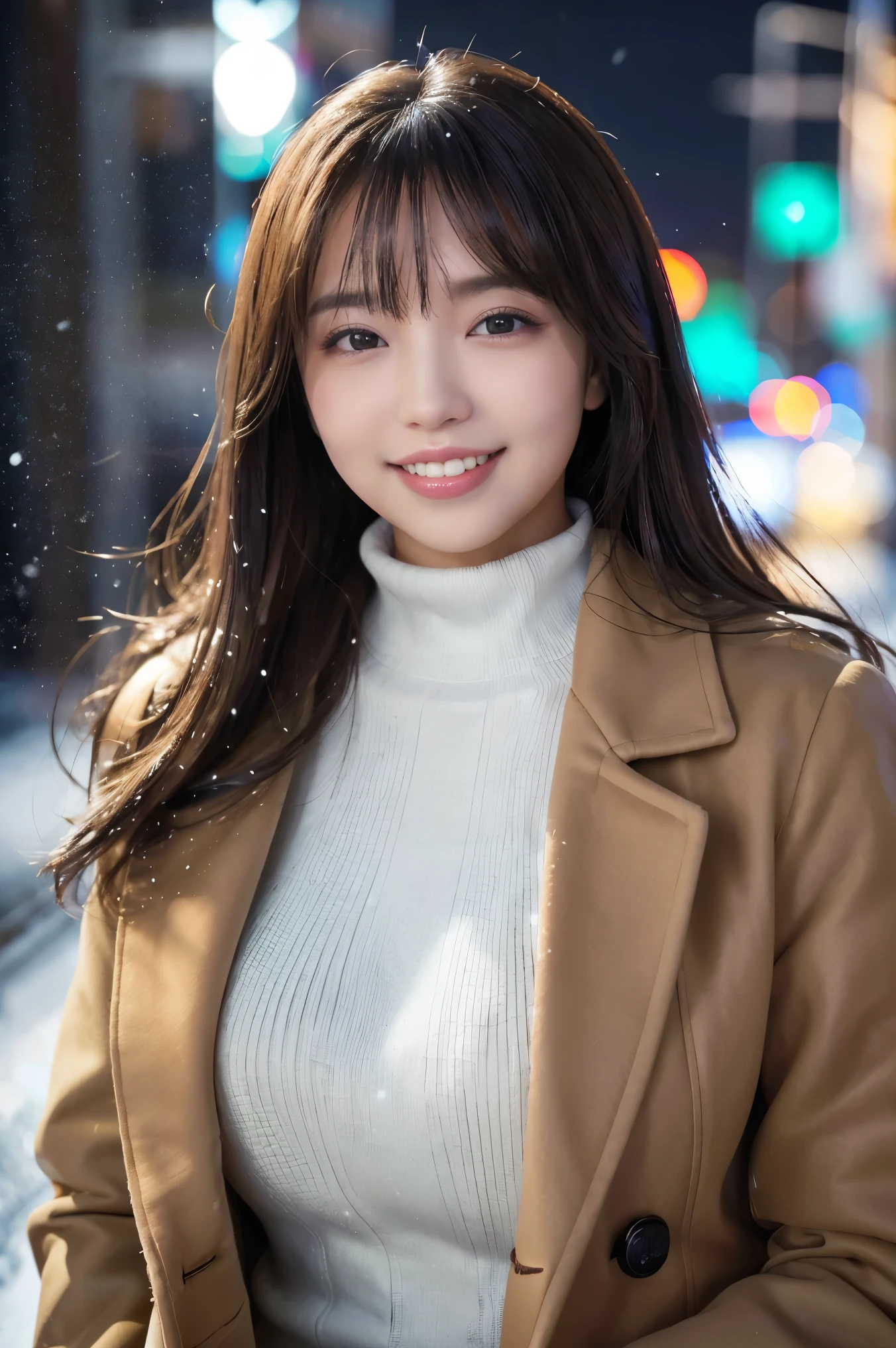 (highest quality、masterpiece、8K、best image quality、hyper realism、Award-winning work)、1 girl、(Perfect and elegant brown coat made of thick melton fabric:1.3)、perfect pink turtleneck knit sweater、(Wearing a knitted sweater under her coat:1.1)、Soft indirect lighting、Soft and delicate light、dramatic lighting effects、(huge breasts:1.2)、glamorous body、emphasize body line、Romantic snowy night city、Romantic Christmas illuminations、Beautiful night view of the snowy city、the biggest smile looking at me、fine sparkling snow、Beautiful snow reflecting light、Diamond dust、(Tyndall effect:1.1)、beautiful snow scene、(It&#39;s snowing:1.1)、(snow in hair:1.1)、accurate anatomy、(close up of face:1.1)、A beautiful lipstick with a glossy, natural color、natural makeup、glossy lips、Ultra high definition glossy skin、Ultra-HD radiant, beautiful skin、Moist and beautiful skin、beautiful skin glow、超高精細のglossy lips、Super high-definition sparkling eyes、(Super high definition beautiful perfect teeth:1.1)、Show your beautiful teeth and smile big、(Perfect beautiful teeth:1.1)