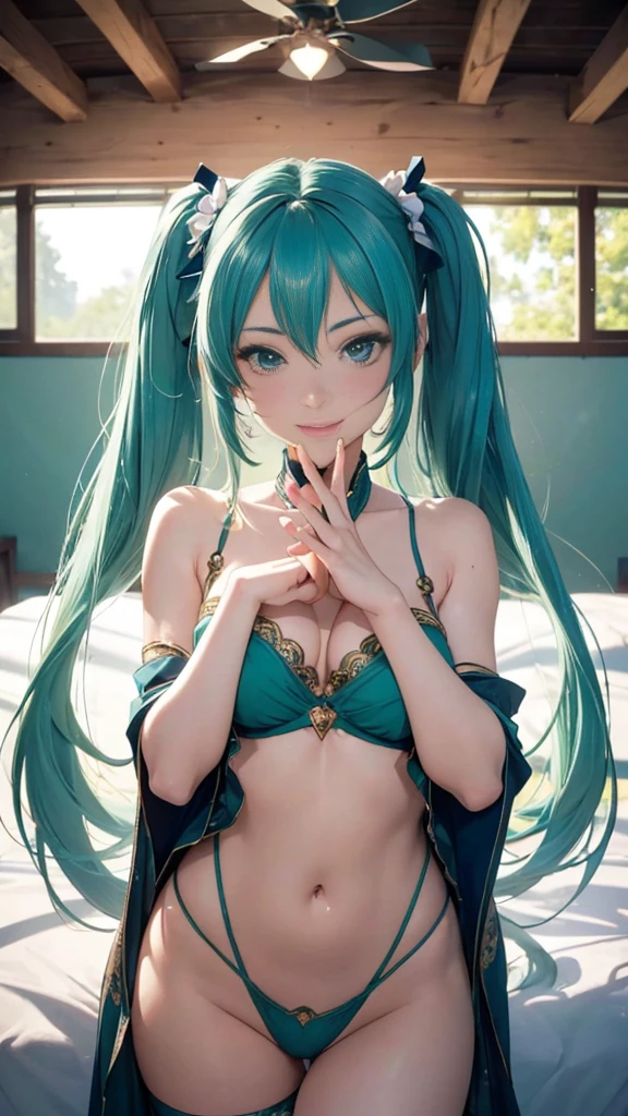 Super detailed, NSFW, masterpiece, High resolution, Photorealistic digital art, perfect lighting, (((1 girl, perfect anatomy))), accurate right hand, accurate left hand, five fingers, perfect style, hatsune miku, 3d face, big light blue-green eyes, glossy lips, blue-green long hair, shiny skin, smile, (((twin tails))), big square hair accessories, (((Parvati))),