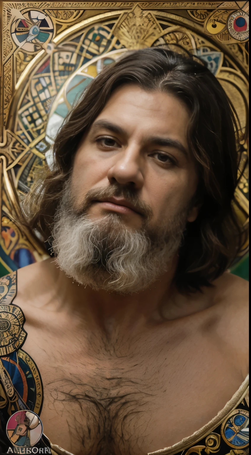 obra de arte, Melhor qualidade, 1 homem, adulto, cabelo branco curto, O bobo \(tarot\),Bardo, clown,simbolismo,arte visual,oculto,Universal,Vision casting,philosophical,Iconografia,Numerologia,Popularidade,artistic, Alfons Mucha