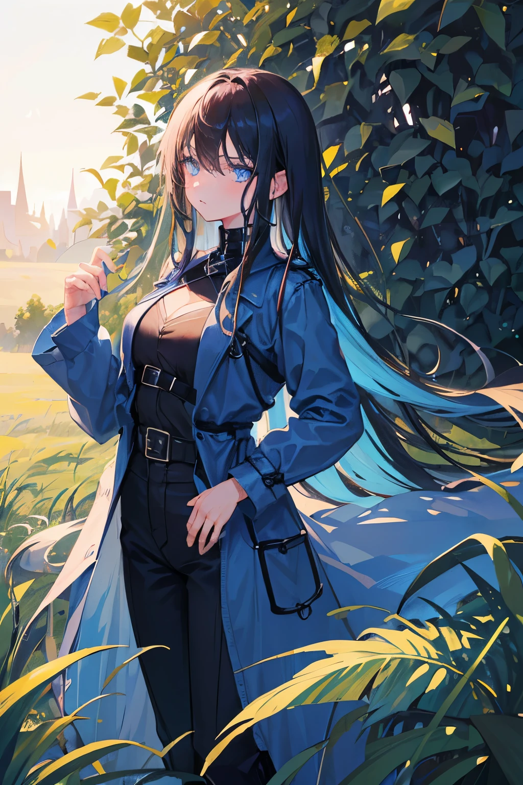 1girl, Black straight long hair, Blue eyes, (Detailed face), Full body, ((intense Blue trench coat)), medieval, (Grasslands bakcground), masterpiece, black pants, (cute face)