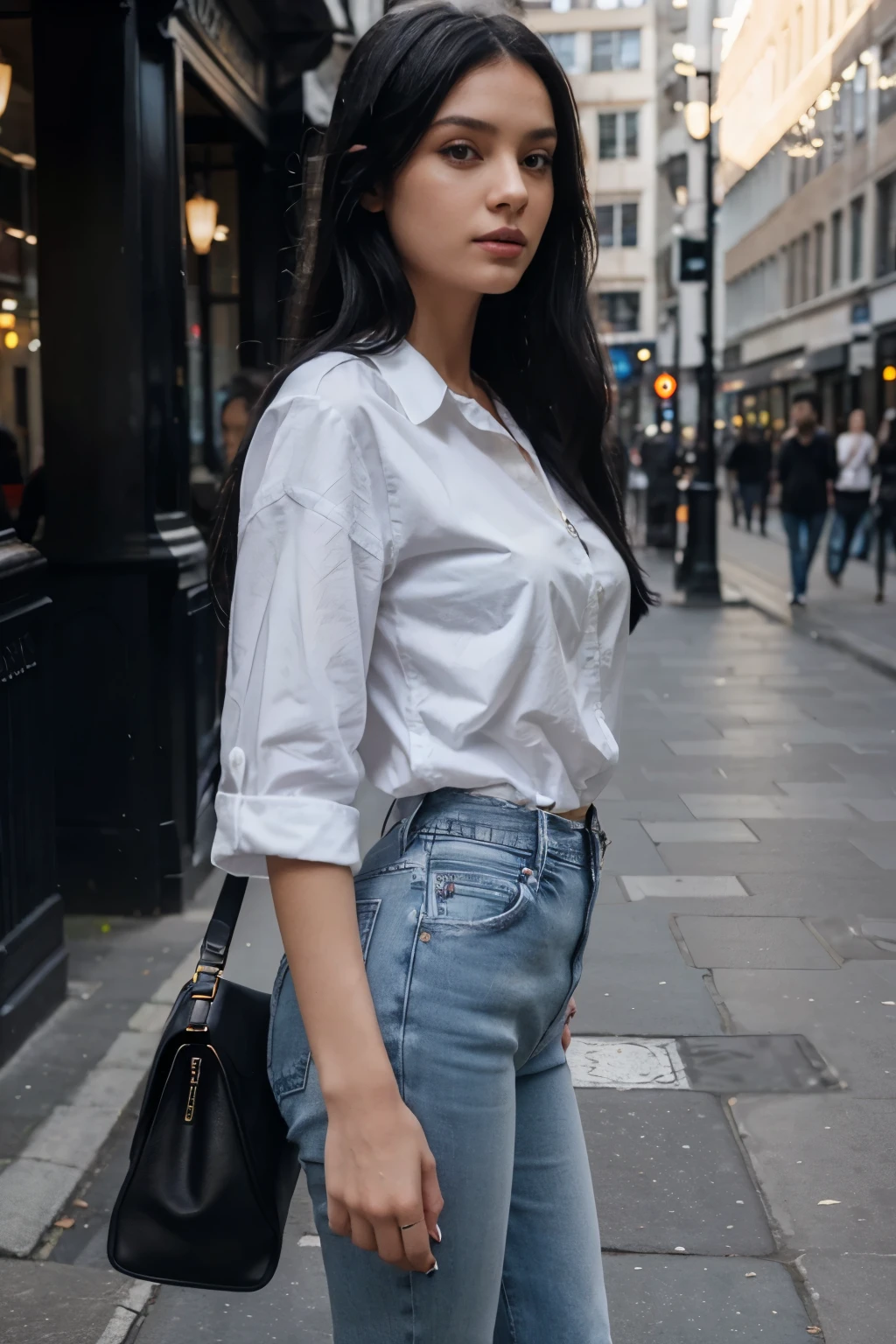 Girl,sexy,long black hair, white shirt, blue jeans, London
