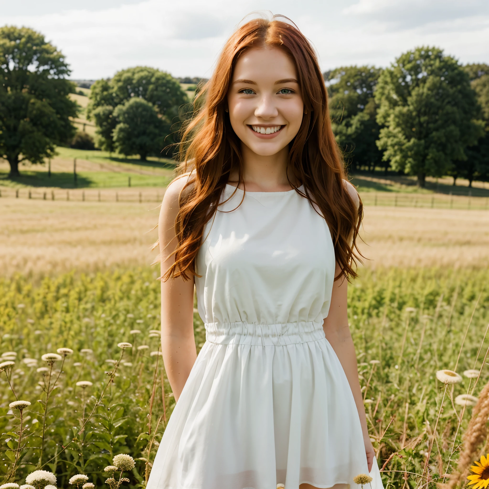 young 19 year old redhead woman with medium smiling wearing a white dress in a field, sunny scene
