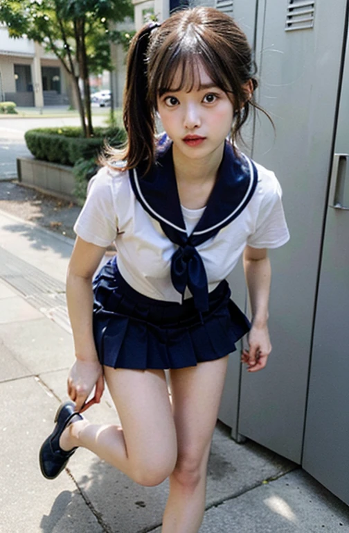 (((perfect anatomy, anatomically correct, super dense skin))), 1 female, Japanese, high School girl, shiny skin, looking at the viewer, 
fine hair, detailed face, fine eyes, (long hair:1.8), (side ponytail:1.7), bangs, hair between eyes, light brown hair, blue eyes, baby face, mole under eye, 
beautiful clavicle, beautiful body, beautiful breasts, big breasts:0.5, beautiful thighs, beautiful feet, camel toe, 
((fine cloth texture, short sleeve, All dark blue cute sailor suit, dark blue pleated skirt, Navy blue sailor collar, sailor scarf, socks, brown loafers)), seductive thighs, 
((embarrassing, I was scared, tears:0.0, half open mouth)), Are standing, (((leaning forward), undressing, raise one leg, light pink panty pull)), 
(beautiful scenery), summer, School, locker room, 
(8K, highest quality, masterpiece:1.2, very detailed), (realistic, photorealistic:1.4), beautiful illustrations, Natural light,